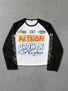 ROMWE MEN Street Life Men's Colorblock Patchwork Letter Print Sports Long Sleeve T-Shirt - Black and White - View 1