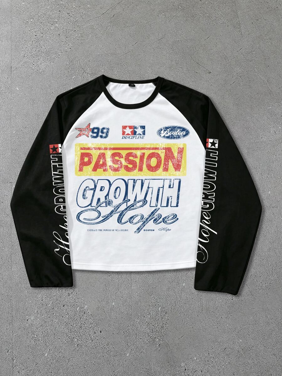 ROMWE MEN Street Life Men's Colorblock Patchwork Letter Print Sports Long Sleeve T-Shirt - Black and White - View 1