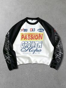 ROMWE MEN Street Life Men's Colorblock Patchwork Letter Print Sports Long Sleeve T-Shirt - Black and White - View 6