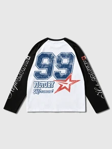 ROMWE MEN Street Life Men's Colorblock Patchwork Letter Print Sports Long Sleeve T-Shirt - Black and White - View 2
