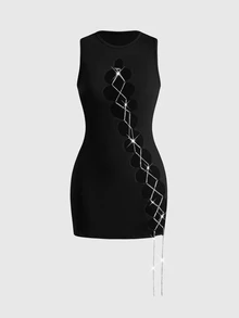 ROMWE Women's Y2K Millennium Vintage Sexy Hollow-Out Metal Chain Lace-Up Mini Dress - Black - View 5