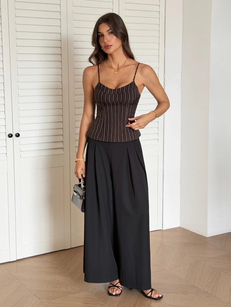 SHEIN Tall Tank Top Wanita Kasual Musim Panas Bergaris Vintage untuk Perjalanan Sehari-hari - Hitam - View 1