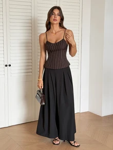 SHEIN Tall Tank Top Wanita Kasual Musim Panas Bergaris Vintage untuk Perjalanan Sehari-hari - Hitam - View 5