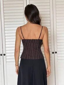 SHEIN Tall Tank Top Wanita Kasual Musim Panas Bergaris Vintage untuk Perjalanan Sehari-hari - Hitam - View 2