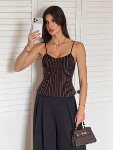 SHEIN Tall Tank Top Wanita Kasual Musim Panas Bergaris Vintage untuk Perjalanan Sehari-hari - Hitam - View 3