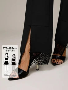 SHEIN Tall Women's Lace Patchwork Casual Versatile Daily Flare Pants - Black - View 4