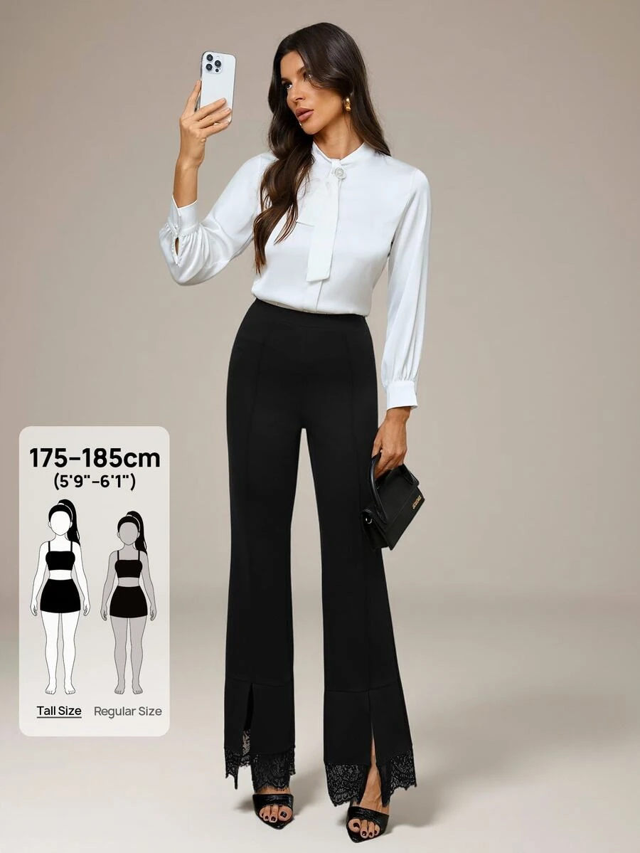 SHEIN Tall Women's Lace Patchwork Casual Versatile Daily Flare Pants - Black - View 1