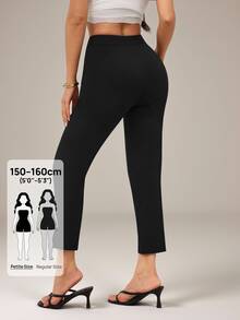 SHEIN PETITE Women's Solid Color Waist Button Design Casual Capris Teachers' Day Brunch Office Black Autumn - Black - View 2