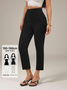 SHEIN PETITE Women's Solid Color Waist Button Design Casual Capris Teachers' Day Brunch Office Black Autumn - Black - View 7