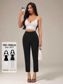 SHEIN PETITE Women's Solid Color Waist Button Design Casual Capris Teachers' Day Brunch Office Black Autumn - Black - View 5