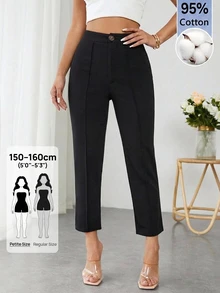 SHEIN PETITE Women's Solid Color Waist Button Design Casual Capris Teachers' Day Brunch Office Black Autumn - Black - View 6