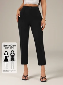 SHEIN PETITE Women's Solid Color Waist Button Design Casual Capris Teachers' Day Brunch Office Black Autumn - Black - View 3