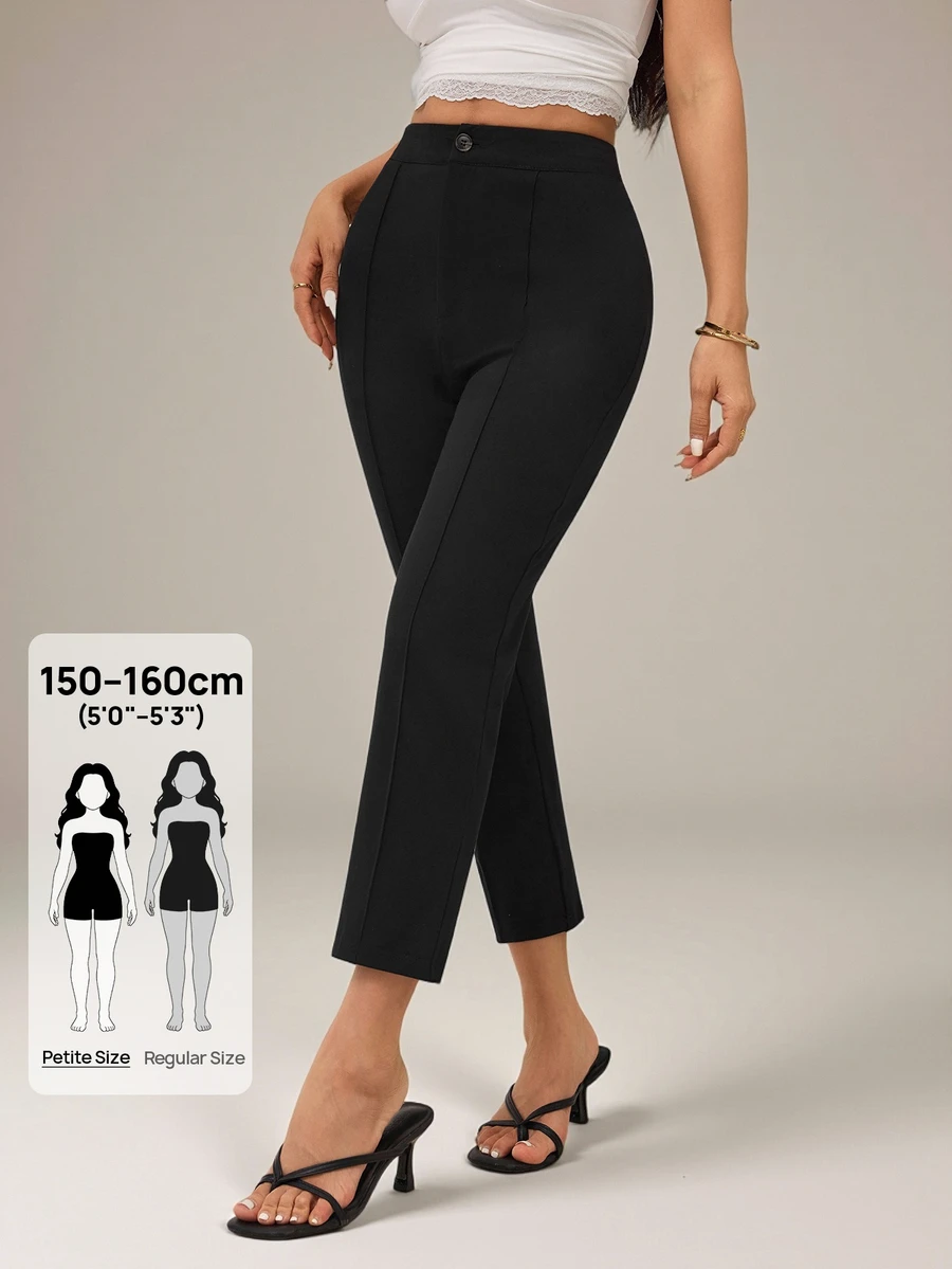 SHEIN PETITE Women's Solid Color Waist Button Design Casual Capris Teachers' Day Brunch Office Black Autumn - Black - View 1