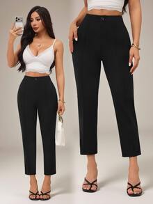 SHEIN PETITE Women's Solid Color Waist Button Design Casual Capris Teachers' Day Brunch Office Black Autumn - Black - View 4
