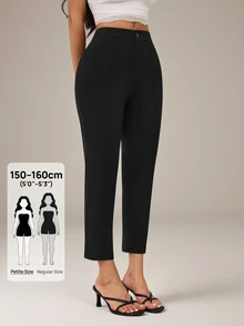 SHEIN PETITE Women's Solid Color Waist Button Design Casual Capris Teachers' Day Brunch Office Black Autumn - Black - View 8