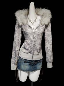 SHEIN ICON 女款復古迷彩毛絨長袖休閒夾克拉鍊連帽外套 秋冬款 - 彩色 - 查看 9