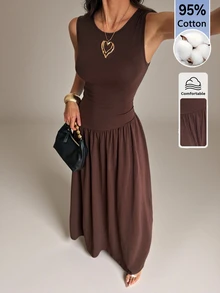SHEIN Tall Gaun Tanpa Lengan Berlipit Leher Bulat untuk Liburan Wanita di Pantai - Coffee Brown - View 5