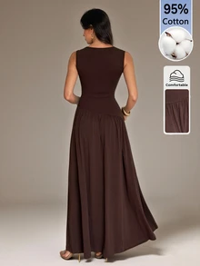 SHEIN Tall Gaun Tanpa Lengan Berlipit Leher Bulat untuk Liburan Wanita di Pantai - Coffee Brown - View 2