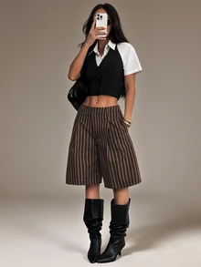SHEIN PETITE 女款休閒百搭棕色條紋拼接口袋短褲，適合辦公工作、日常穿著與通勤，夏季款 - 棕色 - 查看 5