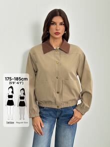 SHEIN Tall 女款對比色翻領長袖單排扣口袋休閒版型夾克 - 卡其色 - 查看 8
