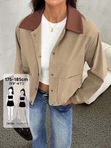 SHEIN Tall 女款對比色翻領長袖單排扣口袋休閒版型夾克 - 卡其色 - 查看 9