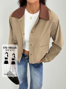 SHEIN Tall 女款對比色翻領長袖單排扣口袋休閒版型夾克 - 卡其色 - 查看 7