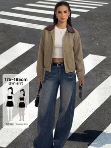 SHEIN Tall 女款對比色翻領長袖單排扣口袋休閒版型夾克 - 卡其色 - 查看 3