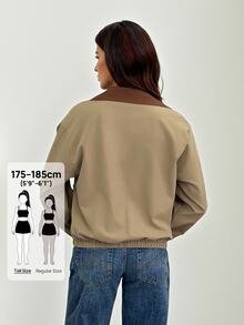 SHEIN Tall 女款對比色翻領長袖單排扣口袋休閒版型夾克 - 卡其色 - 查看 2