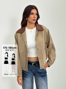 SHEIN Tall 女款對比色翻領長袖單排扣口袋休閒版型夾克 - 卡其色 - 查看 5