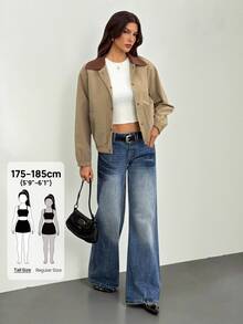 SHEIN Tall 女款對比色翻領長袖單排扣口袋休閒版型夾克 - 卡其色 - 查看 6