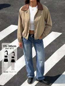 SHEIN Tall 女款對比色翻領長袖單排扣口袋休閒版型夾克 - 卡其色 - 查看 1