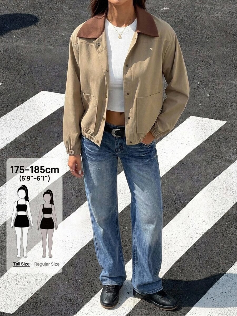 SHEIN Tall 女款對比色翻領長袖單排扣口袋休閒版型夾克 - 卡其色 - 查看 1