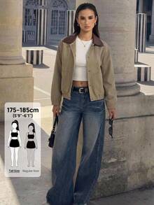 SHEIN Tall 女款對比色翻領長袖單排扣口袋休閒版型夾克 - 卡其色 - 查看 4
