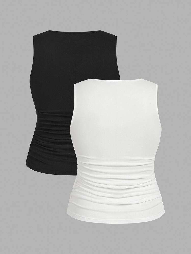 SHEIN LUNE 2pcs Casual Minimalist Sleeveless Top, Plus Size For Women, Summer Women Clothes Back To School - Multicolor - View 2