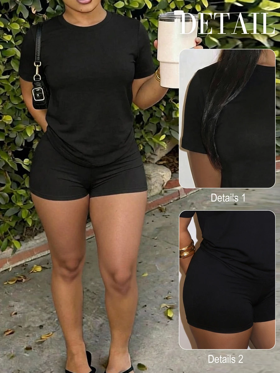 Slaydiva Plus Size Summer Casual Streetwear Alternative Business Casual Solid Color Top And Shorts 2 Pieces Set Lounge Black Gym Workout - Multicolor - View 1