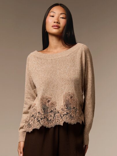 COSMINA Women's Casual Elegant Asymmetrical Shoulder Lace Trim Hem Sweater