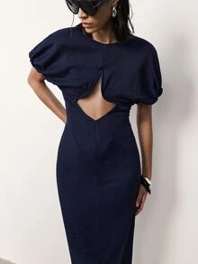 MERLEAU-F Women's Modern Pleated Textured Knit Dress, Office Club Casual Sexy, Work Elegant Party, Long Navy Blue Summer Classic Luxury Business - Navy Blue - View 1