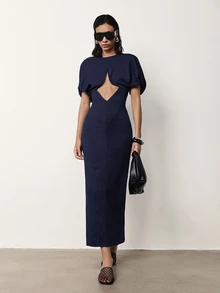 MERLEAU-F Women's Modern Pleated Textured Knit Dress, Office Club Casual Sexy, Work Elegant Party, Long Navy Blue Summer Classic Luxury Business - Navy Blue - View 5