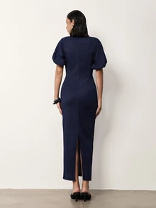 MERLEAU-F Women's Modern Pleated Textured Knit Dress, Office Club Casual Sexy, Work Elegant Party, Long Navy Blue Summer Classic Luxury Business - Navy Blue - View 2