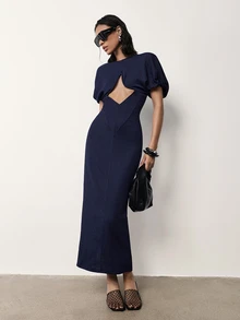 MERLEAU-F Women's Modern Pleated Textured Knit Dress, Office Club Casual Sexy, Work Elegant Party, Long Navy Blue Summer Classic Luxury Business - Navy Blue - View 3