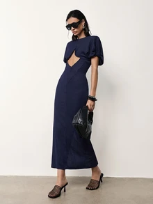 MERLEAU-F Women's Modern Pleated Textured Knit Dress, Office Club Casual Sexy, Work Elegant Party, Long Navy Blue Summer Classic Luxury Business - Navy Blue - View 6