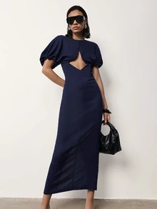 MERLEAU-F Women's Modern Pleated Textured Knit Dress, Office Club Casual Sexy, Work Elegant Party, Long Navy Blue Summer Classic Luxury Business - Navy Blue - View 4