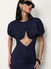 MERLEAU-F Women's Modern Pleated Textured Knit Dress, Office Club Casual Sexy, Work Elegant Party, Long Navy Blue Summer Classic Luxury Business - Navy Blue - View 8