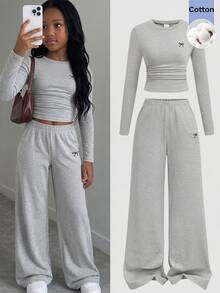 SHEIN Tween Girl Tween Girls Versatile Bow Pattern Long Sleeve Top And Pants 2 Pieces Set, Light Gray - Grey - View 1