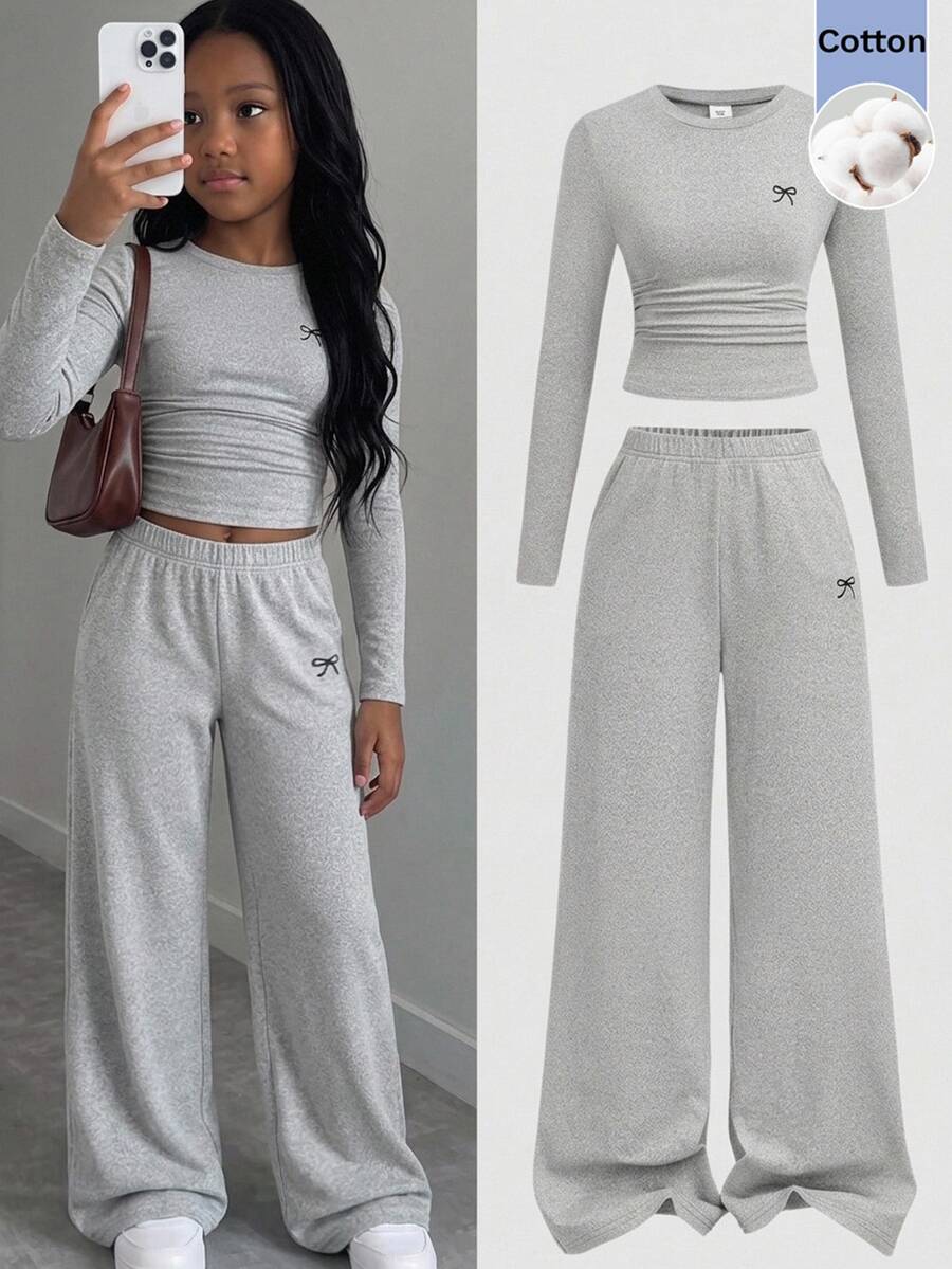 SHEIN Tween Girl Tween Girls Versatile Bow Pattern Long Sleeve Top And Pants 2 Pieces Set, Light Gray - Grey - View 1