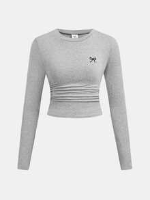 SHEIN Tween Girl Tween Girls Versatile Bow Pattern Long Sleeve Top And Pants 2 Pieces Set, Light Gray - Grey - View 4