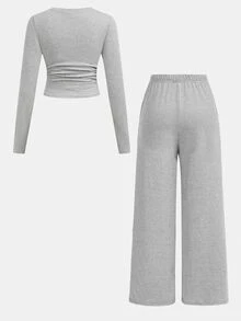SHEIN Tween Girl Tween Girls Versatile Bow Pattern Long Sleeve Top And Pants 2 Pieces Set, Light Gray - Grey - View 7