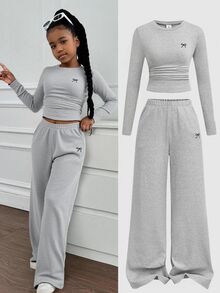 SHEIN Tween Girl Tween Girls Versatile Bow Pattern Long Sleeve Top And Pants 2 Pieces Set, Light Gray - Grey - View 3