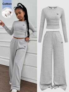 SHEIN Tween Girl Tween Girls Versatile Bow Pattern Long Sleeve Top And Pants 2 Pieces Set, Light Gray - Grey - View 2