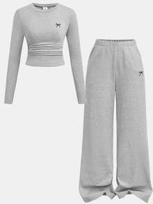 SHEIN Tween Girl Tween Girls Versatile Bow Pattern Long Sleeve Top And Pants 2 Pieces Set, Light Gray - Grey - View 9